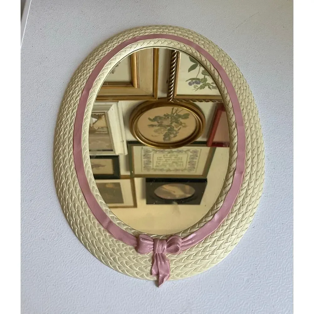 Vintage Oval Nursery Mirror Pink Bow Woven Frame Home girls wall cottage cute